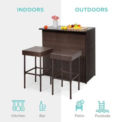 Best Choice Products 3-Piece All-Weather Wicker Bar Table Set For Patio, Backyard W/ 2 Stools, Glass Tabletop - Brown - Image 2