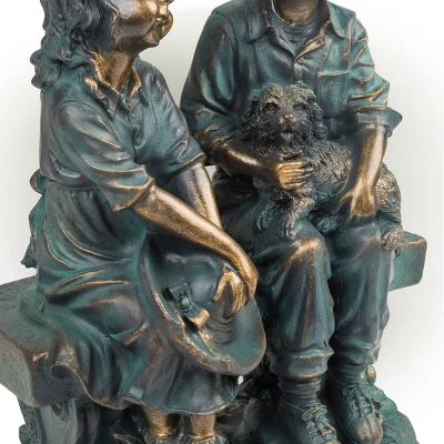 16" Polyresin Girl And Boy With Dog Sitting On Bench Sculpture Bronze - Alpine Corporation - Image 5