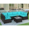 7pc Wicker Outdoor Sectional Seating Set With Cushions - Dark Brown/Blue - GODEER