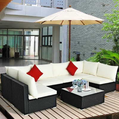 Costway 7PCS Patio Rattan Sofa Set Sectional Conversation Furniture Set Garden Beige NavyRedNavy Blue - Image 3