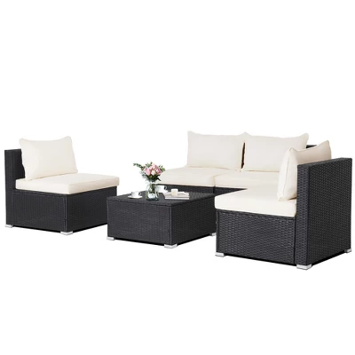 Costway 5PCS Patio Rattan Wicker Furniture Conversation Set Cushioned Sofa Deck - Image 3