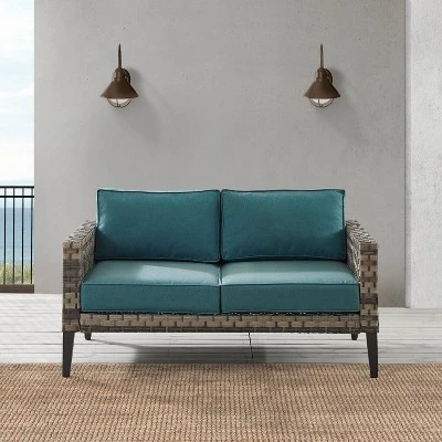Prescott Outdoor Wicker Loveseat - Blue/Brown- Crosley - Image 2