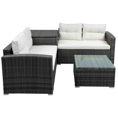 4pc Wicker Patio Set With Large Storage Box & Cushions - Gray/Beige - GODEER - Image 4