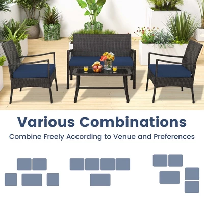 Costway 4PCS Patio Rattan Wicker Furniture Set Cushioned Sofa Armrest Coffee Table Navy