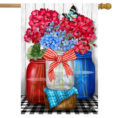 Red White And Blue Jars Floral House Flag Patriotic Checkered 28" X 40" Briarwood Lane