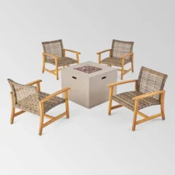 Augusta 5pc Wood & Wicker Club Chairs & Fire Pit Set - Natural/Gray/Light Gray - Christopher Knight Home