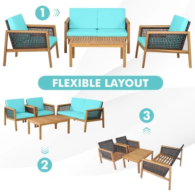 Tangkula 4PCS Patio Acacia Wood Furniture Set PE Rattan Conversation Set W/ Turquoise Cushions - Image 5