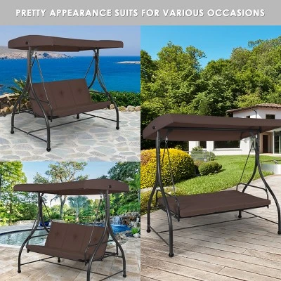 Costway Converting Outdoor Swing Canopy Hammock 3 Seats Patio Deck Furniture Brown - Image 4