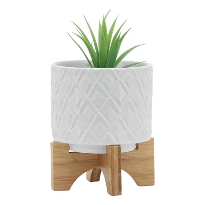 Sagebrook Home Diamond Pattern Round Ceramic Planter Pot With Wood Stand White - Image 2