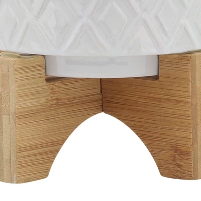 Sagebrook Home Diamond Pattern Round Ceramic Planter Pot With Wood Stand White - Image 6