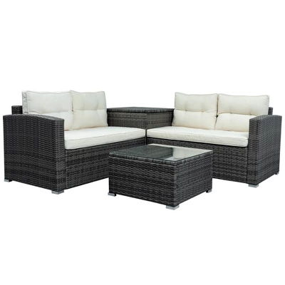 4pc Wicker Patio Set With Large Storage Box & Cushions - Gray/Beige - GODEER - Image 2
