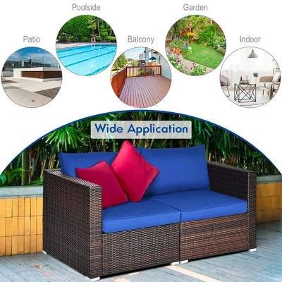 Costway 4PCS Patio Rattan Corner Sofa Sectional Furniture SetBlueBeigeNavy Cushion - Image 7