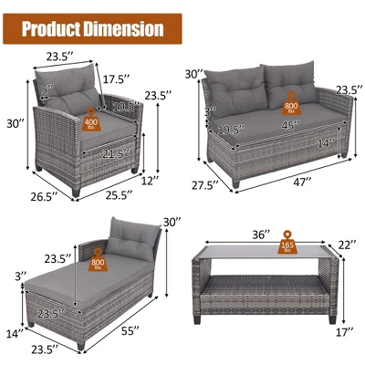 Costway 4PCS Patio Rattan Furniture Set Cushioned Loveseat Table Shelf Gray - Image 2