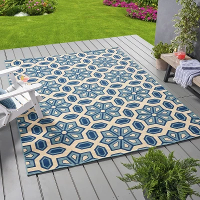 8' X 11' Tegan Geometric Outdoor Rug Ivory/Blue - Christopher Knight Home - Image 2