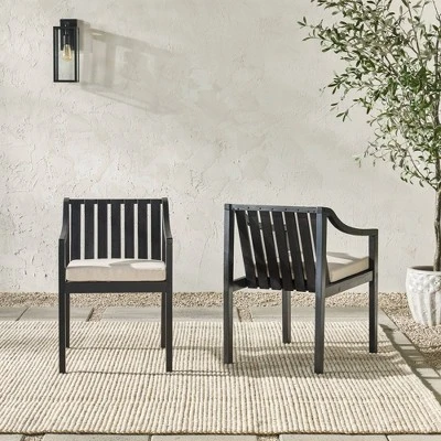 Saracina Home 2pk Mid-Century Modern Slatted Outdoor Acacia Arm Chairs With Cushions