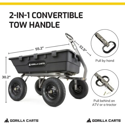 Gorilla Carts 1500 Pound Capacity Super Heavy Duty Poly Yard Garden Steel Dump Utility Wheelbarrow Wagon Cart With 2 In 1 Towing ATV Handle, Black - Image 3