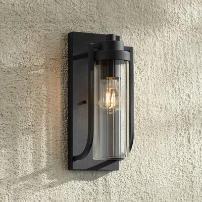 Possini Euro Design Bogata Modern Outdoor Wall Light Fixture Textured Black 15 1/2" Clear Ribbed Glass For Post Exterior Barn Deck House Porch Yard - Image 6