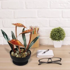 12" Indoor Tropical Floral Tabletop Fountain With Stone-Filled Base Black/Green/Copper - Alpine Corporation