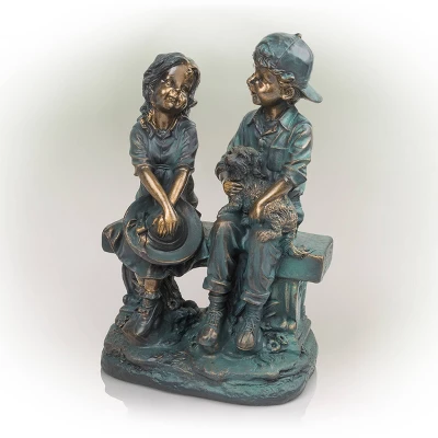 16" Polyresin Girl And Boy With Dog Sitting On Bench Sculpture Bronze - Alpine Corporation - Image 2