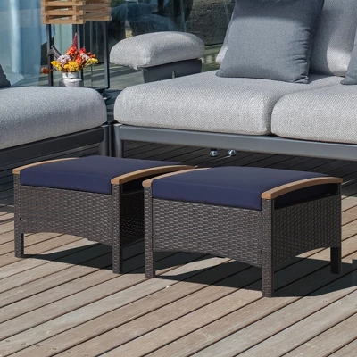 Costway Set Of 2 Patio Rattan Ottoman Footrest Cushions Wooden Handle Off WhiteBrownRedNavy - Image 10