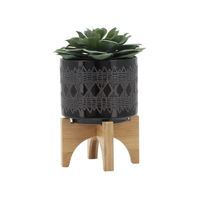 Sagebrook Home With Wooden Stand Aztec Ceramic Indoor Outdoor Planter Pot Black - Image 2