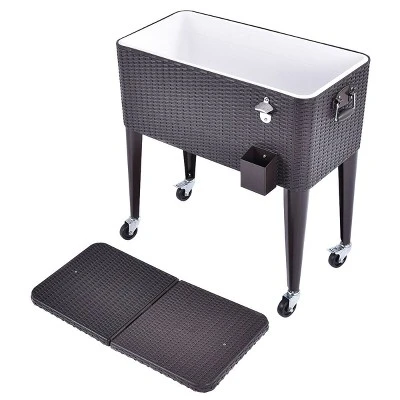 Costway Outdoor Rattan 80QT Party Portable Rolling Cooler Cart Ice Beer Beverage Chest - Image 7