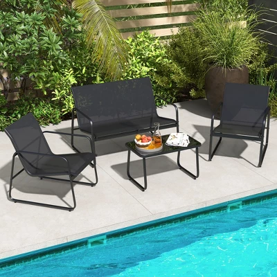Costway 4 Pieces Patio Furniture Set Outdoor Tempered Glass Coffee Table Chair Loveseat