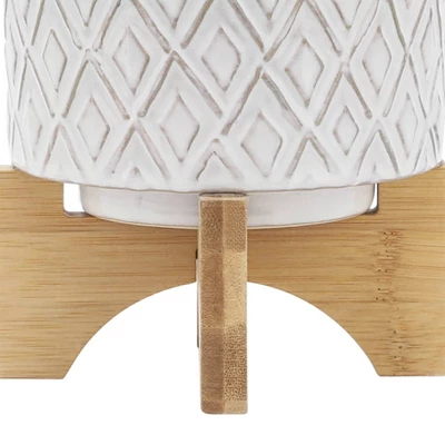 Sagebrook Home 6" Wide Ceramic Diamond Etched Flower Planter Pot With Wooden Stand Beige - Image 6