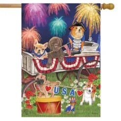 Briarwood Lane Patriotic Pups Fourth Of July House Flag Fireworks Dogs USA 28" X 40"
