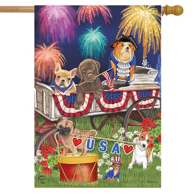 Briarwood Lane Patriotic Pups Fourth Of July House Flag Fireworks Dogs USA 28" X 40"