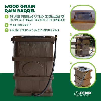 FCMP Outdoor WG4000 45 Gallon Wood Grain Outdoor Home Rain Water Catcher Barrel Flat Back Container With Spigots And Mesh Screen, Brown - Image 4