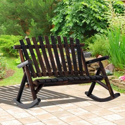 Outsunny Wooden Rocking Chair, Indoor Outdoor Porch Rocker With Slatted Design, High Back For Backyard, Garden - Image 2