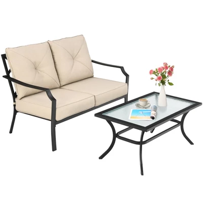 Costway 2 PCS Patio Loveseat With Coffee Table Outdoor Sofa Bench With Cushions - Image 2