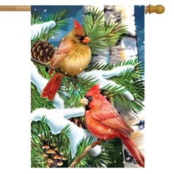 Briarwood Lane Snowy Cardinals Winter House Flag Pines Cones 28"
