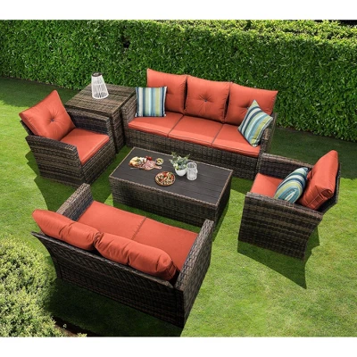 6pc Wicker Outdoor Conversation Set With Cushions - Orange - EDYO LIVING - Image 3