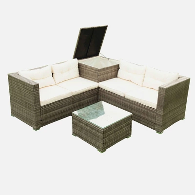 4pc Wicker Patio Sectional Seating Set With Cushions - Gray/Beige - GODEER - Image 6