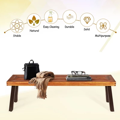 Costway Patio Acacia Wood Dining Bench Seat With Rustic Steel Legs For Outdoor Indoor - Image 5