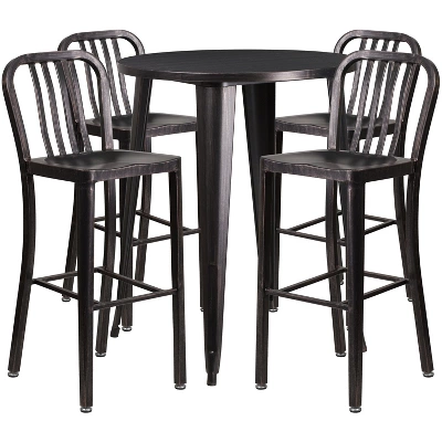 Flash Furniture Commercial Grade 30" Round Metal Indoor-Outdoor Bar Table Set With 4 Vertical Slat Back Stools - Image 5