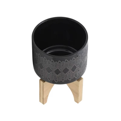 Sagebrook Home With Wooden Stand Aztec Ceramic Indoor Outdoor Planter Pot Black - Image 3
