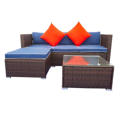 3pc Wicker Patio Sectional Seating Set With Cushions - Brown/Blue - GODEER - Image 4