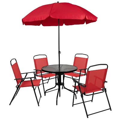 Flash Furniture Nantucket 6 Piece Patio Garden Set With Table, Umbrella And 4 Folding Chairs - Image 17
