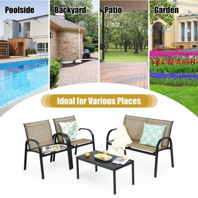 Costway 4 PCS Patio Furniture Set Sofa Coffee Table Steel Frame Garden Brown - Image 2