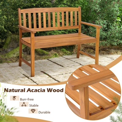 Costway Patio Acacia Wood Bench 2-Person Slatted Seat Backrest 800 Lbs Outdoor Natural - Image 4