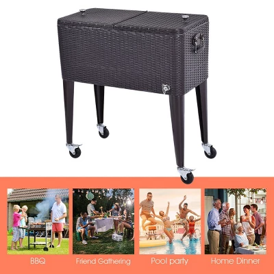 Costway Outdoor Rattan 80QT Party Portable Rolling Cooler Cart Ice Beer Beverage Chest - Image 3