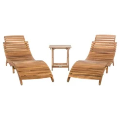 Pacifica 3pc Wood Patio Lounge Set - Teak Brown/Beige - Safavieh