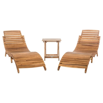 Pacifica 3pc Wood Patio Lounge Set - Teak Brown/Beige - Safavieh