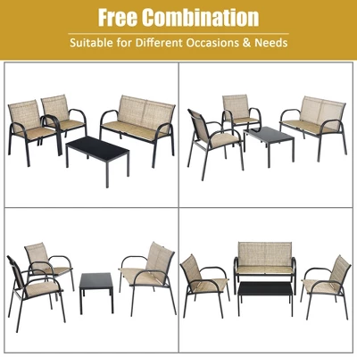 Costway 4 PCS Patio Furniture Set Sofa Coffee Table Steel Frame Garden Brown - Image 7