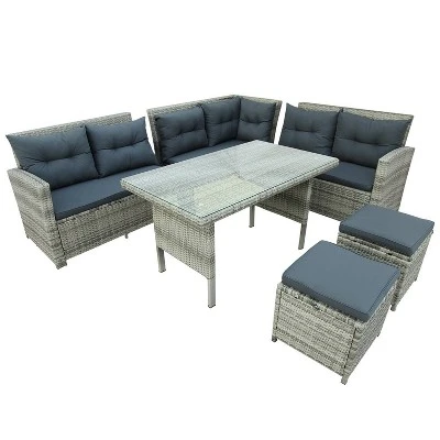 6pc Wicker Patio Set With Glass Table Ottomans - Gray/Dark Gray - GODEER - Image 20