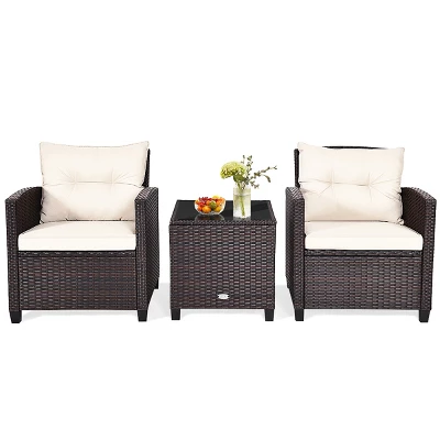 Tangkula 3PCS Wicker Cushioned Conversation Set Outdoor Rattan Furniture W/Beige/Red/Black/Navy/Off White/Turquoise Cushions - Image 11