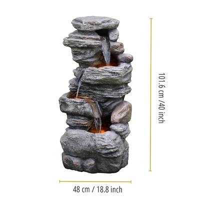 Teamson Home 39.37" Outdoor Faux Stone 4-Tier Water Fountain With LED, Gray - Image 5